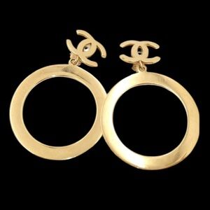 CHANEL Vintage Gold Plated CC Logo Hoop Earrings